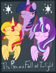 Size: 5000x6500 | Tagged: dead source, safe, artist:dreamyeevee, starlight glimmer, sunset shimmer, twilight sparkle, alicorn, pony, g4, absurd resolution, alicornified, eyes closed, fanfic art, fanfic cover, one eye closed, race swap, shimmercorn, starlicorn, the rise and fall of twilight, twilight sparkle (alicorn)