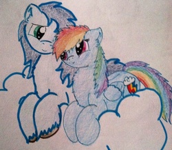 Size: 1382x1208 | Tagged: safe, artist:dreamyeevee, rainbow dash, soarin', pony, g4, female, male, ship:soarindash, shipping, straight, traditional art, unshorn fetlocks