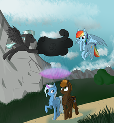 Size: 1883x2029 | Tagged: safe, artist:corpselucefer, rainbow dash, thunderlane, trixie, oc, oc:storm cloud, pegasus, pony, unicorn, g4, canon x oc, cloud, magic, mountain, rain, shipping