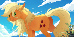 Size: 1741x878 | Tagged: safe, artist:loukaina, applejack, g4, female, grass, hill, looking back, loose hair, missing accessory, sky, solo