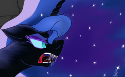 Size: 1434x879 | Tagged: safe, artist:the-fox-lord, nightmare moon, g4, drool, female, growling, sharp teeth, solo