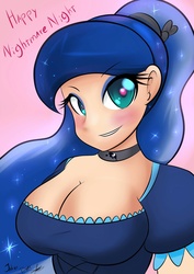 Size: 1240x1754 | Tagged: safe, artist:noisyvox, princess luna, human, g4, anatomically incorrect, breasts, busty princess luna, choker, chokerluna, cleavage, clothes, costume, female, heart eyes, humanized, maid, nightmare night, smiling, solo, wingding eyes