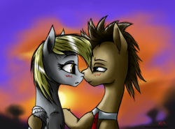 Size: 980x726 | Tagged: safe, artist:tincantim, derpy hooves, doctor whooves, time turner, pegasus, pony, g4, blushing, female, hug, imminent kissing, male, mare, ship:doctorderpy, shipping, straight