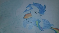 Size: 1024x576 | Tagged: safe, artist:colourstrike, rainbow dash, soarin', pony, g4, cuddling, female, male, ship:soarindash, shipping, sleeping, snuggling, straight, traditional art