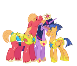 Size: 937x802 | Tagged: safe, artist:castorochiaro, big macintosh, flash sentry, twilight sparkle, alicorn, pony, g4, armor, bigsentry, bisexual, blushing, eyes closed, female, flashlightosh, gay, male, mare, ot3, polyamory, royal guard, scar, ship:flashlight, ship:twimac, shipping, straight, twilight sparkle (alicorn), twilight sparkle gets all the stallions