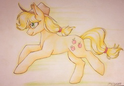 Size: 1024x714 | Tagged: safe, artist:tierfarbe, applejack, g4, female, running, solo, traditional art