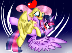 Size: 752x549 | Tagged: safe, artist:tehcherrydeviant6911, fluttershy, twilight sparkle, alicorn, pony, g4, blushing, duo, duo female, female, flying, heart, lesbian, mare, night, ship:twishy, shipping, twilight sparkle (alicorn)