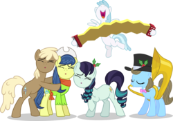 Size: 3071x2166 | Tagged: safe, artist:punzil504, beauty brass, coloratura, cotton cloudy, fiddlesticks, mjölna, earth pony, pegasus, pony, g4, accordion, apple family member, eyes closed, hat, high res, holly, hug, musical instrument, rara, sousaphone, top hat, tuba