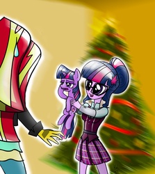 Size: 3432x3856 | Tagged: safe, artist:ohiekhe, sci-twi, sunset shimmer, twilight sparkle, human, pony, equestria girls, g4, christmas tree, counterparts, dizzy, high res, holding a pony, human ponidox, sweatdrop, tree, trio, twilight's counterparts, twolight