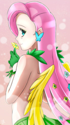 Size: 478x850 | Tagged: safe, artist:lindaroze, fluttershy, human, g4, clothes, female, flower, flower in hair, humanized, skirt, solo, topless, winged humanization