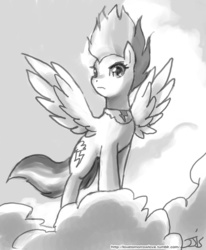 Size: 800x970 | Tagged: safe, artist:johnjoseco, rainbow dash, pegasus, pony, g4, cloud, element of loyalty, female, grayscale, looking at you, mare, monochrome, on a cloud, sketch, solo, spread wings, standing on a cloud, super rainbow dash