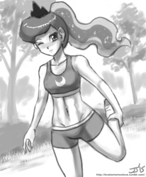 Size: 800x970 | Tagged: safe, artist:johnjoseco, princess luna, human, g4, abs, belly button, clothes, female, grayscale, humanized, looking at you, midriff, monochrome, one eye closed, sketch, solo, sports bra, sports shorts, stretching, wink