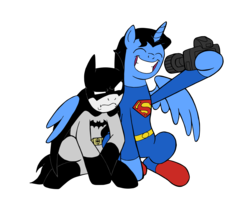 Size: 2896x2361 | Tagged: safe, artist:edcom02, artist:jmkplover, alicorn, earth pony, pony, batman, bruce wayne, camera, clark kent, crossover, high res, ponified, selfie, simple background, superman, transparent background