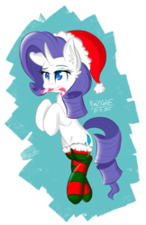 Size: 1658x2555 | Tagged: safe, artist:fezcake, rarity, g4, candy, candy cane, christmas, clothes, female, food, hat, mouth hold, santa hat, socks, solo, striped socks