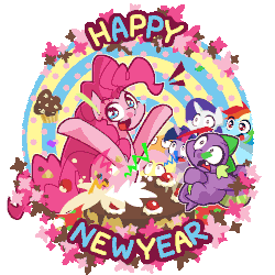 Size: 500x500 | Tagged: dead source, safe, artist:panyang-panyang, applejack, fluttershy, pinkie pie, rainbow dash, rarity, spike, twilight sparkle, dragon, earth pony, pony, unicorn, g4, animated, cake, female, food, happy new year, looking at you, male, mane seven, mane six, mare, open mouth, varying degrees of want