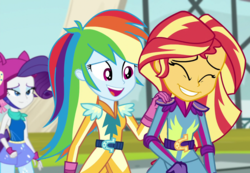 Size: 1245x864 | Tagged: safe, edit, screencap, rainbow dash, rarity, sunset shimmer, equestria girls, g4, my little pony equestria girls: friendship games, :d, cropped, female, grin, inverted mouth, lesbian, shipping, smiling, sunedge shimmer, sunsetdash, teeth