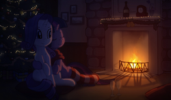 Size: 1784x1048 | Tagged: safe, artist:gign-3208, rarity, twilight sparkle, g4, christmas, christmas tree, clothes, dark, female, fireplace, glass, lesbian, present, ship:rarilight, shipping, sleeping, socks, striped socks, tree