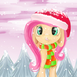 Size: 512x512 | Tagged: safe, artist:gaabcio13, fluttershy, pegasus, pony, g4, clothes, cross-eyed, female, floppy ears, focused, hat, looking at something, mare, outdoors, santa hat, scarf, snow, snow on nose, snowfall, solo, striped scarf, tongue out, tree, winter outfit