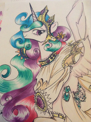 Size: 1024x1371 | Tagged: dead source, safe, artist:nastylady, artist:sonicwolf02, princess celestia, g4, clothes, dress, female, jewelry, smiling, solo, traditional art
