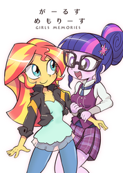 Size: 712x1000 | Tagged: safe, artist:k-nattoh, sci-twi, sunset shimmer, twilight sparkle, equestria girls, g4, clothes, cover, crystal prep academy uniform, cute, dialogue, duo, eye contact, glasses, japanese, open mouth, school uniform, shimmerbetes, simple background, smiling, twiabetes