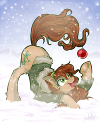 Size: 3600x4500 | Tagged: safe, artist:jadedjynx, oc, oc only, oc:jade verdi, earth pony, pony, clothes, coat, earring, face down ass up, happy, ornament, piercing, smiling, snow, snowfall, solo, style emulation, winter