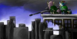 Size: 1366x698 | Tagged: safe, artist:sniper-bait, fluttershy, rainbow dash, pegasus, pony, g4, city, female, ghillie suit, gun, hooves, mare, optical sight, rifle, sitting, sniper rifle, weapon, wings
