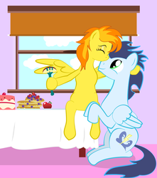 Size: 3376x3824 | Tagged: safe, artist:angina pectoris, soarin', spitfire, pony, g4, apple, blueberry, breakfast, cake, cute, feeding, female, food, fork, high res, kissing, male, pancakes, plate, ship:soarinfire, shipping, sitting, smiling, straight, strawberry, table, window