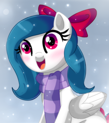 Size: 1280x1447 | Tagged: safe, artist:spookyle, oc, oc only, oc:cloud tuft, pegasus, pony, bow, clothes, open mouth, scarf, snow, snowfall, solo