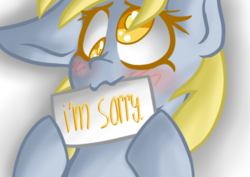 Size: 1191x842 | Tagged: safe, artist:darkestsunset, derpy hooves, pegasus, pony, g4, apology, begging, cute, derpabetes, female, mare, sign, solo, sorry