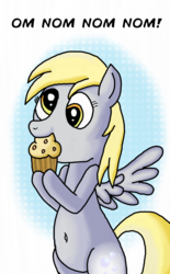Size: 1266x2048 | Tagged: safe, artist:saburodaimando, derpy hooves, pegasus, pony, g4, belly button, bipedal, cute, derpabetes, eating, female, food, mare, muffin, nom, solo