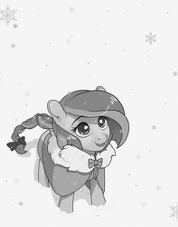 Size: 700x890 | Tagged: safe, artist:sugarcup, oc, oc only, cloak, clothes, female, filly, monochrome, snow, snowfall, solo