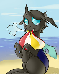 Size: 2000x2500 | Tagged: safe, artist:whitepone, changeling, beach, beach ball, cute, cuteling, deflation, fangs, high res, ocean, sad, solo