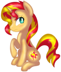 Size: 861x1010 | Tagged: safe, artist:rosaiine, sunset shimmer, pony, unicorn, g4, blushing, female, mare, simple background, sitting, solo, white background