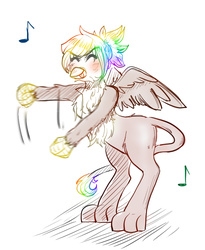 Size: 900x1100 | Tagged: safe, artist:askdarlingadelaide, oc, oc only, oc:rainbow feather, griffon, cute, dancing, interspecies offspring, music, offspring, parent:gilda, parent:rainbow dash, parents:gildash, solo