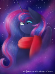 Size: 960x1280 | Tagged: safe, artist:fairyrave, princess luna, g4, clothes, female, scarf, solo, stars, wink