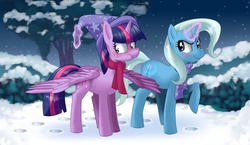 Size: 6000x3486 | Tagged: dead source, safe, artist:scrafgty, trixie, twilight sparkle, alicorn, pony, g4, absurd resolution, blushing, clothes, female, hat, lesbian, magic, mare, raised hoof, scarf, scrunchy face, ship:twixie, shipping, smiling, snow, spread wings, telekinesis, train wreck in the comments, twilight sparkle (alicorn), winter