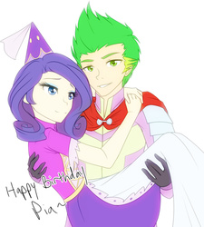 Size: 1280x1422 | Tagged: safe, artist:jonfawkes, rarity, spike, human, a dog and pony show, g4, beefspike, birthday, bridal carry, clothes, couple, dress, female, happy, happy birthday, humanized, knight, knight rescues the princess, male, princess, princess rarity, ship:sparity, shipping, smiling, straight