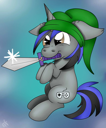 Size: 1024x1229 | Tagged: safe, artist:theartistsora, oc, oc only, cute, elf hat, hat, hooves up, link, link's hat, sword, the legend of zelda, video game, weapon