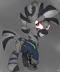 Size: 1024x1229 | Tagged: safe, artist:theartistsora, oc, oc only, oc:mcmiag, zebra, fallout equestria, angry, clothes, commission, fallout, jumpsuit, prosthetic limb, prosthetics, red eyes, scar, sticky note, vault suit