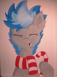 Size: 2448x3264 | Tagged: safe, artist:scratchie, oc, oc only, oc:shade ru, pony, big ears, candy, candy cane, clothes, eyes closed, festive, food, furry, high res, multicolored hair, scar, scarf, solo, traditional art
