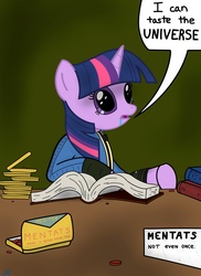 Size: 931x1280 | Tagged: safe, artist:nuka-kitty, part of a set, twilight sparkle, g4, book, bookhorse, clothes, crossover, dilated pupils, drool, drug use, drugs, fallout, female, funny, i can see forever, jumpsuit, mentats, not even once, open mouth, solo, speech bubble, vault suit