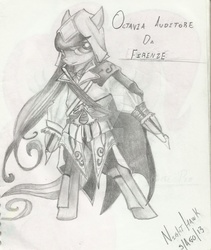 Size: 900x1064 | Tagged: safe, artist:nighthawkryuu, octavia melody, g4, assassin's creed, crossover, ezio auditore, female, monochrome, solo, traditional art