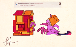 Size: 1979x1239 | Tagged: safe, artist:fluttershythekind, spike, twilight sparkle, alicorn, pony, g4, book, book fort, cute, female, horn, horn impalement, mare, pointy ponies, twiabetes, twilight sparkle (alicorn)