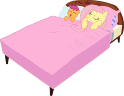 Size: 900x697 | Tagged: safe, fluttershy, scootaloo, g4, :t, bed, cute, cutealoo, eyes closed, lying down, on back, open mouth, scootalove, shyabetes, simple background, sleeping, transparent background, vector, weapons-grade cute, yawn