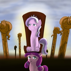 Size: 1472x1472 | Tagged: safe, artist:kwendynew, diamond tiara, lily longsocks, earth pony, pony, g4, background pony, duo, female, filly, strong, super strength, surreal, throne, underhoof