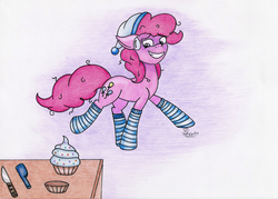 Size: 2314x1653 | Tagged: safe, artist:spirit-dude, pinkie pie, earth pony, pony, fanfic:cupcakes, g4, clothes, cupcake, fanfic fuel, female, food, implied cupcakes, knife, messy mane, nervous, socks, solo, striped socks, sweat, sweatdrop, table, traditional art