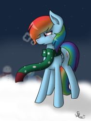 Size: 900x1200 | Tagged: safe, artist:spirit-dude, rainbow dash, pegasus, pony, g4, clothes, female, looking back, sad, scarf, snowman, solo