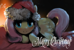 Size: 791x536 | Tagged: safe, artist:ciyunhe, fluttershy, pegasus, pony, g4, christmas, cute, female, hat, santa hat, shyabetes, solo