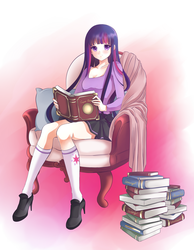 Size: 800x1033 | Tagged: safe, artist:rurucreations, twilight sparkle, human, g4, anime, book, chair, clothes, cutie mark on clothes, cutie mark stocking, female, humanized, kneesocks, looking at you, sitting, socks, solo