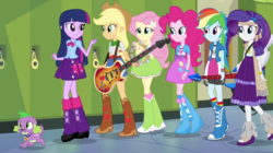 Size: 1280x716 | Tagged: safe, screencap, applejack, fluttershy, pinkie pie, rainbow dash, rarity, spike, twilight sparkle, equestria girls, g4, my little pony equestria girls: rainbow rocks, boots, high heel boots, mane seven, mane six, the rainbooms, twilight sparkle (alicorn)